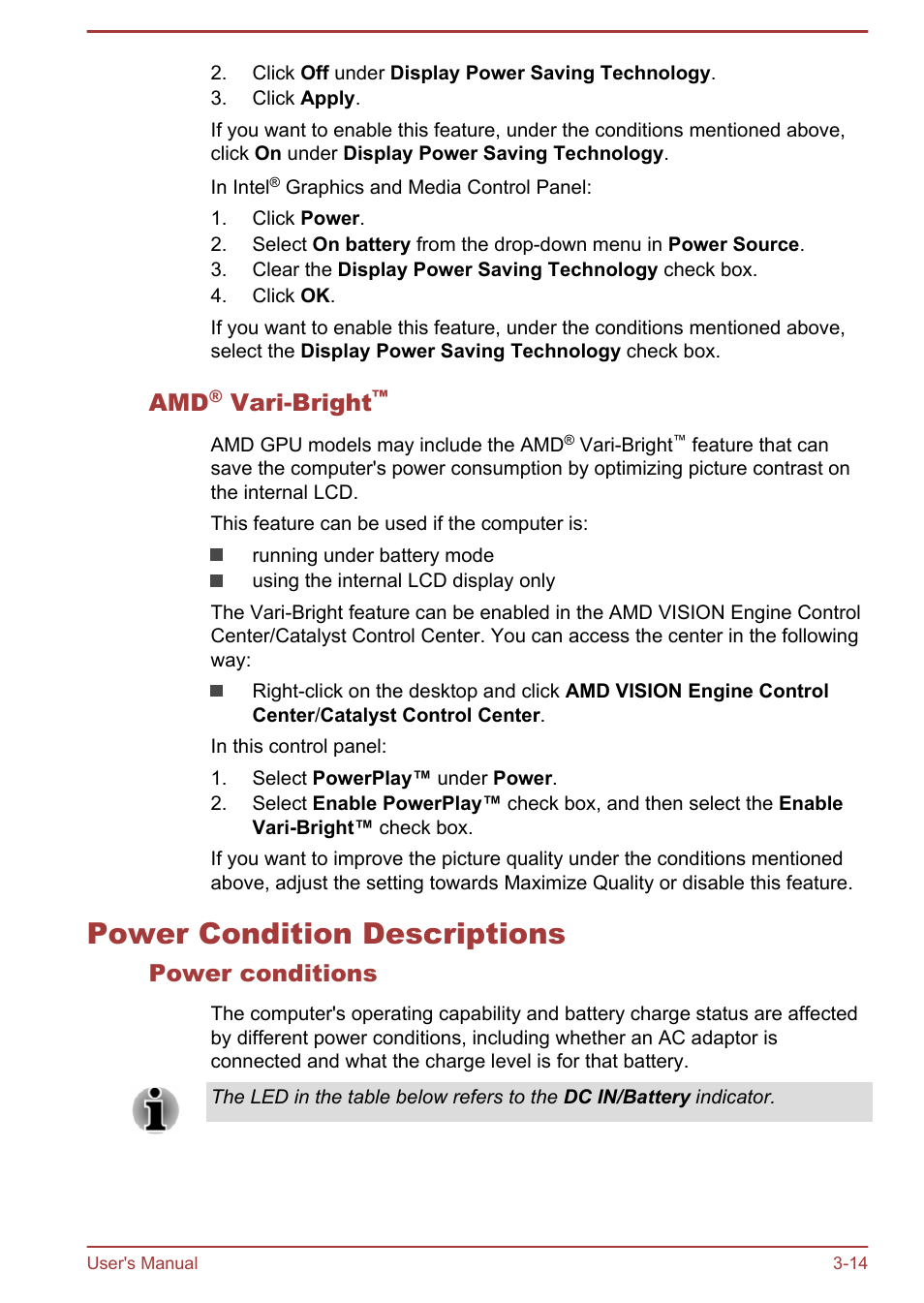 Amd® vari-bright, Power condition descriptions, Power conditions | Power condition descriptions -14, Vari-bright | Toshiba Satellite S50-A User Manual | Page 42 / 138