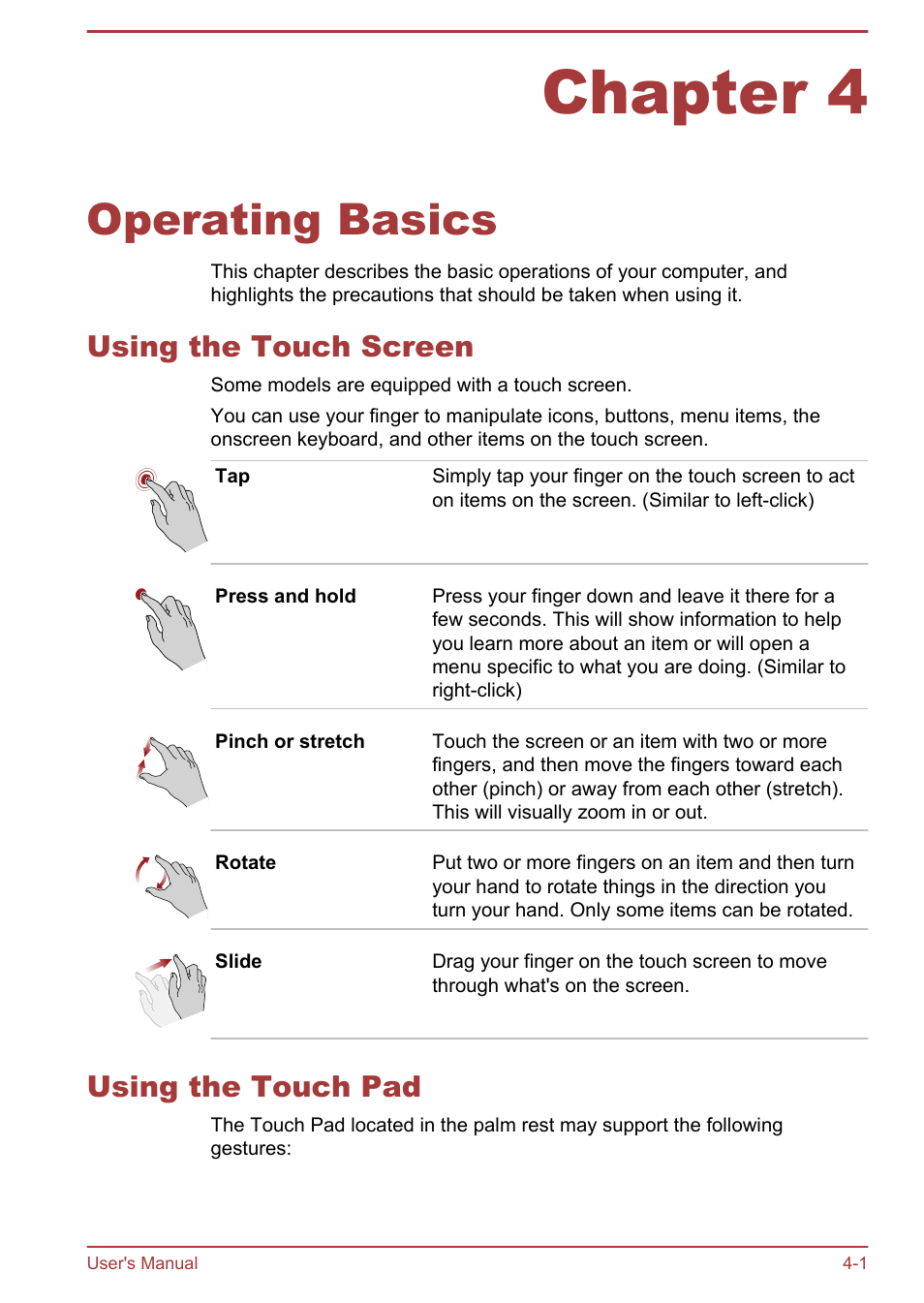 Chapter 4 operating basics, Using the touch screen, Using the touch pad | Chapter 4, Operating basics, Using the touch screen -1 using the touch pad -1, Second, 1000base-t). refer to, Operating, Basics, For details | Toshiba Satellite S50-A User Manual | Page 45 / 138