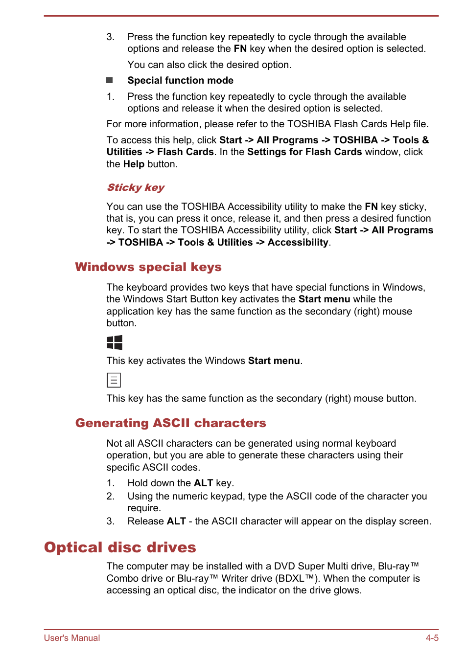Windows special keys, Generating ascii characters, Optical disc drives | Optical disc drives -5 | Toshiba Satellite S50-A User Manual | Page 49 / 138