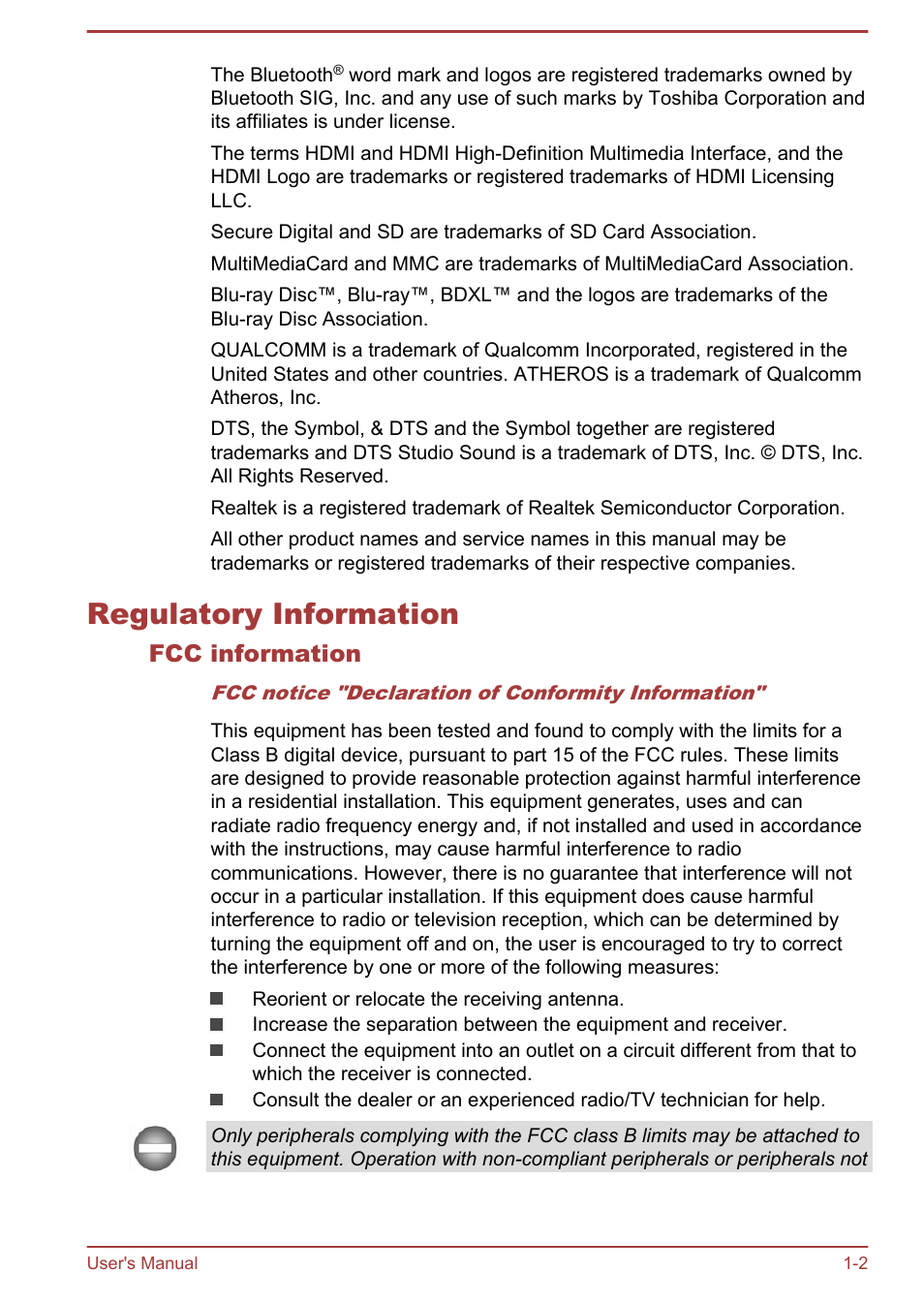 Regulatory information, Fcc information, Regulatory information -2 | Toshiba Satellite S50-A User Manual | Page 5 / 138