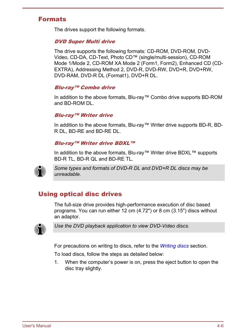 Formats, Using optical disc drives | Toshiba Satellite S50-A User Manual | Page 50 / 138