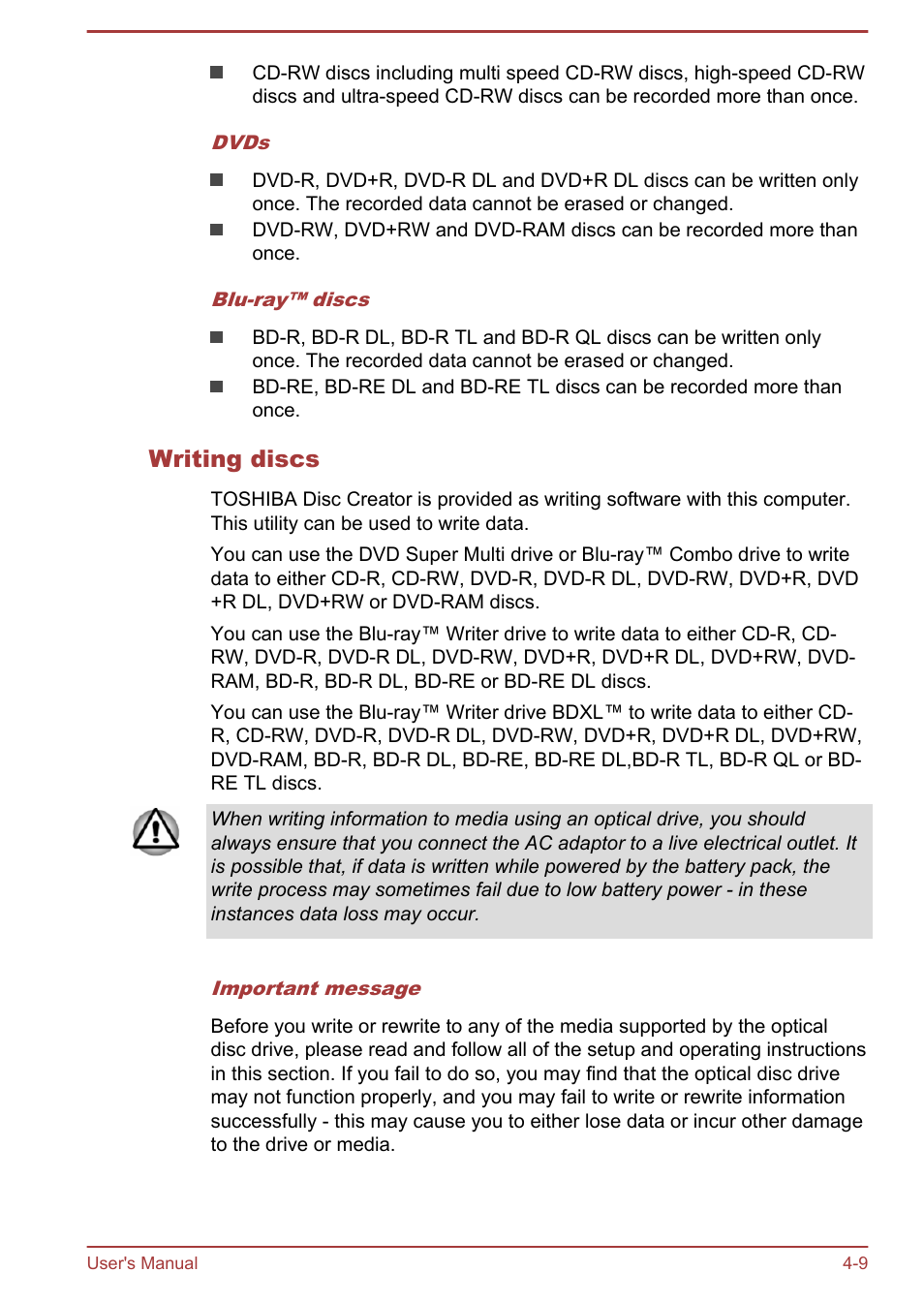 Writing discs | Toshiba Satellite S50-A User Manual | Page 53 / 138