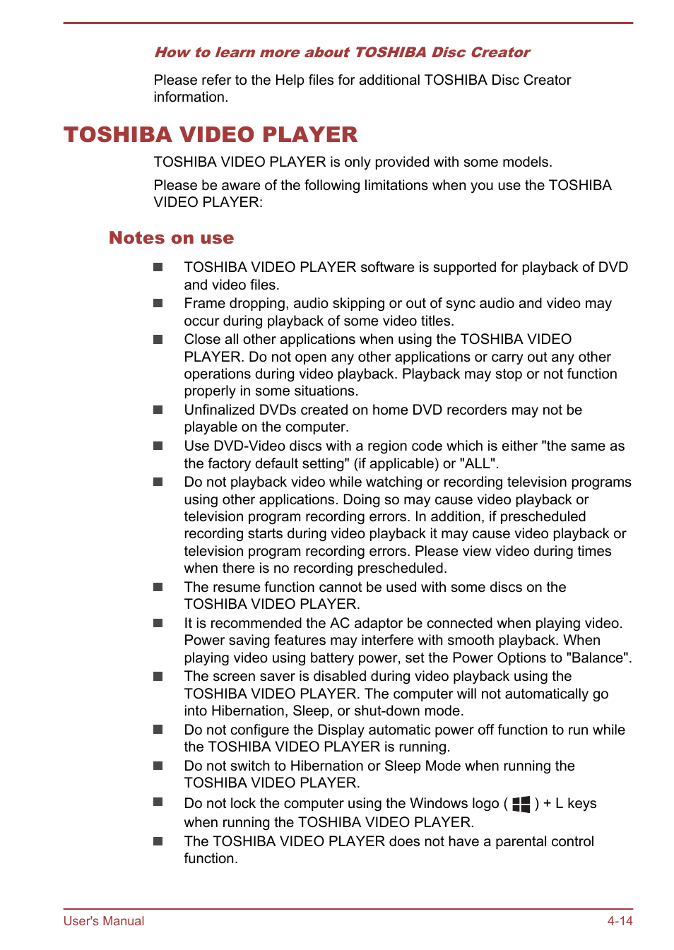 Toshiba video player, Notes on use, Toshiba video player -14 | Toshiba Satellite S50-A User Manual | Page 58 / 138