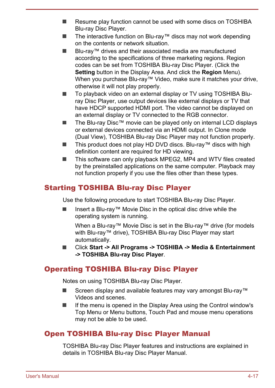 Starting toshiba blu-ray disc player, Operating toshiba blu-ray disc player, Open toshiba blu-ray disc player manual | Toshiba Satellite S50-A User Manual | Page 61 / 138