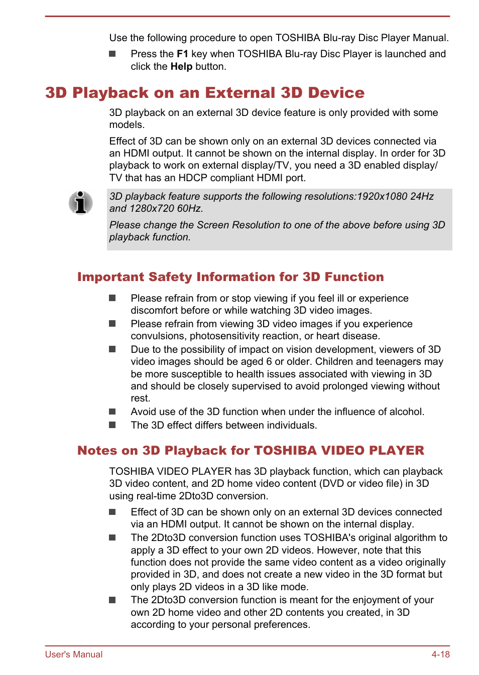 3d playback on an external 3d device, Important safety information for 3d function, Notes on 3d playback for toshiba video player | 3d playback on an external 3d device -18 | Toshiba Satellite S50-A User Manual | Page 62 / 138