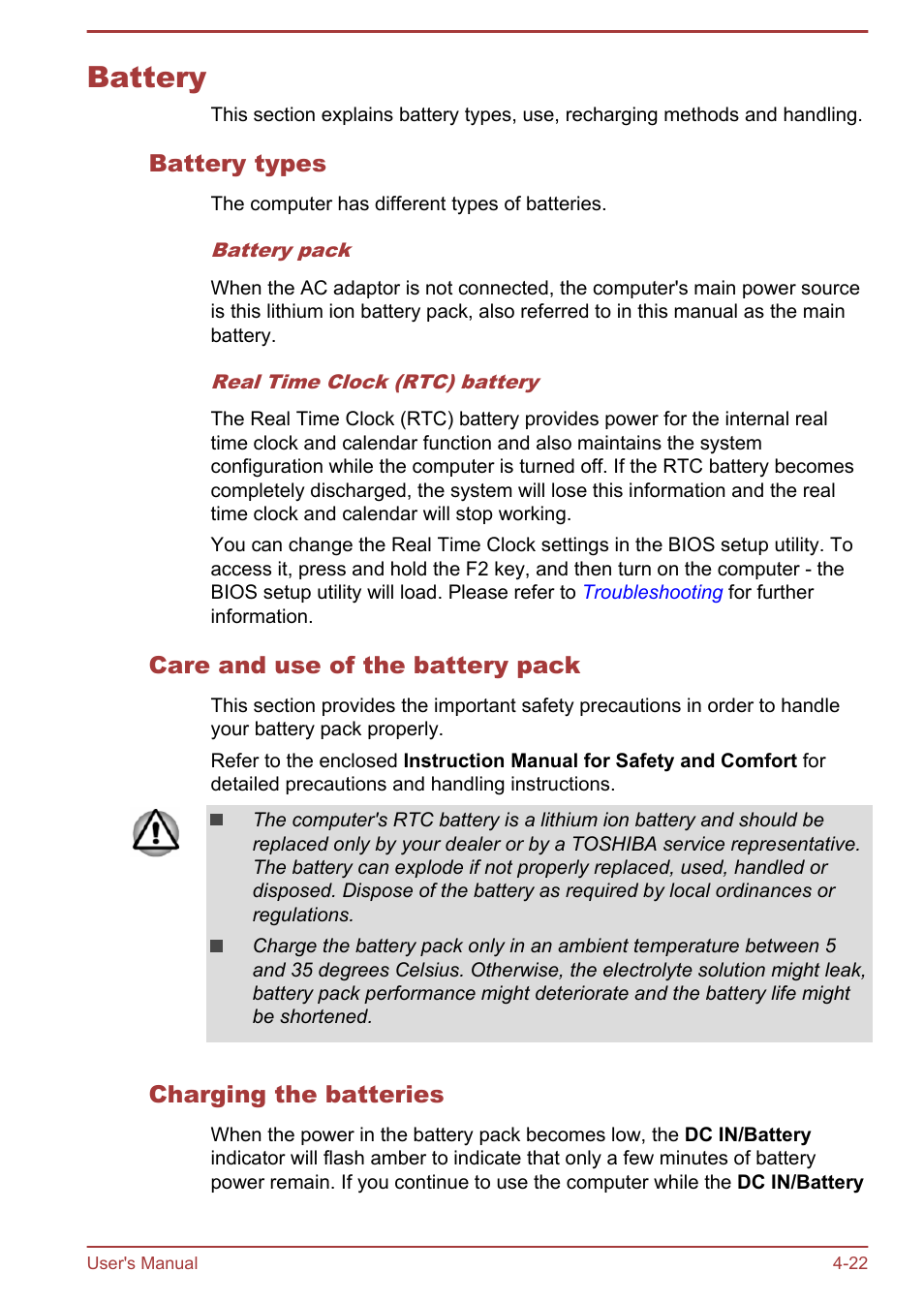 Battery, Battery types, Care and use of the battery pack | Charging the batteries, Battery -22 | Toshiba Satellite S50-A User Manual | Page 66 / 138