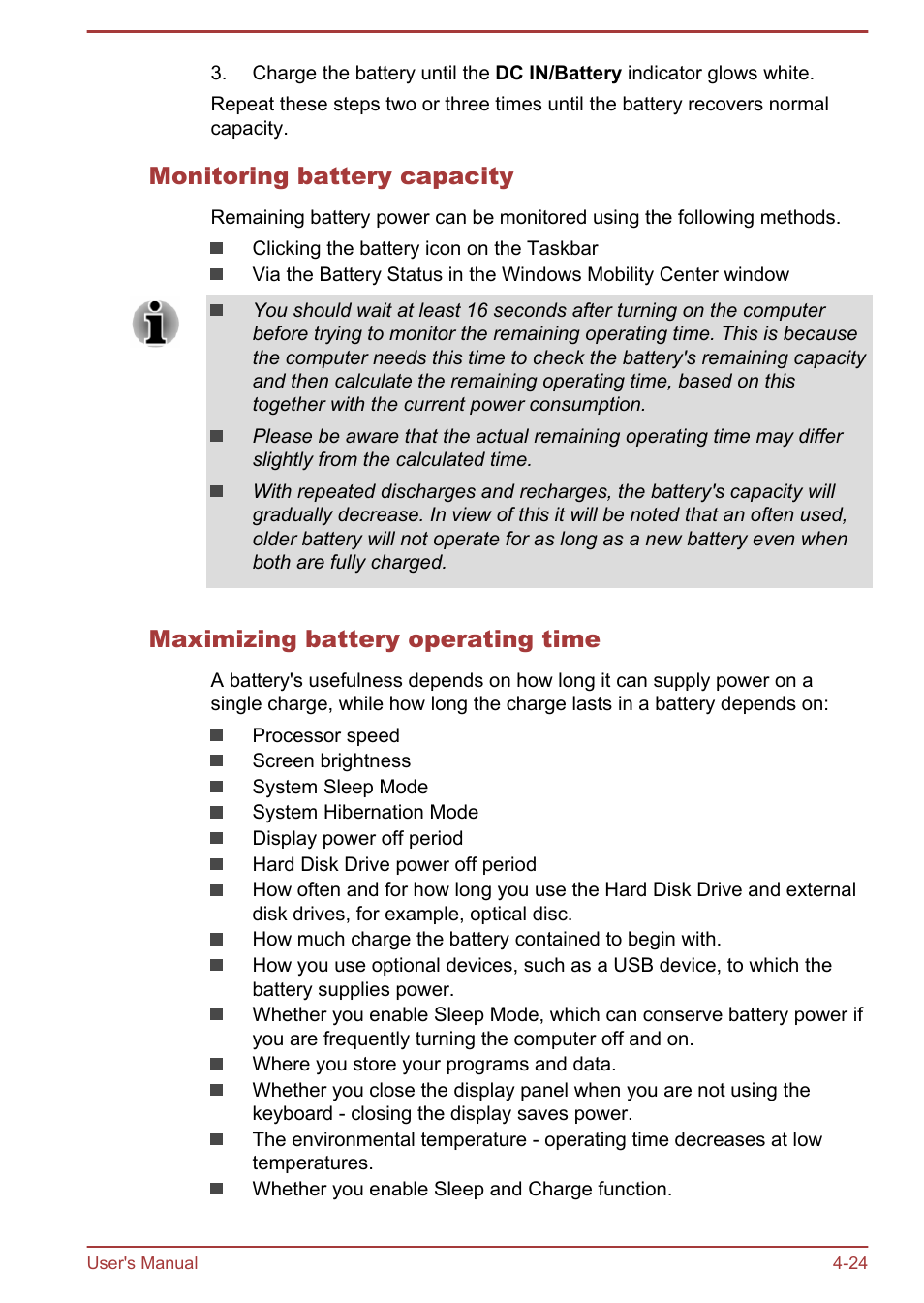 Monitoring battery capacity, Maximizing battery operating time | Toshiba Satellite S50-A User Manual | Page 68 / 138