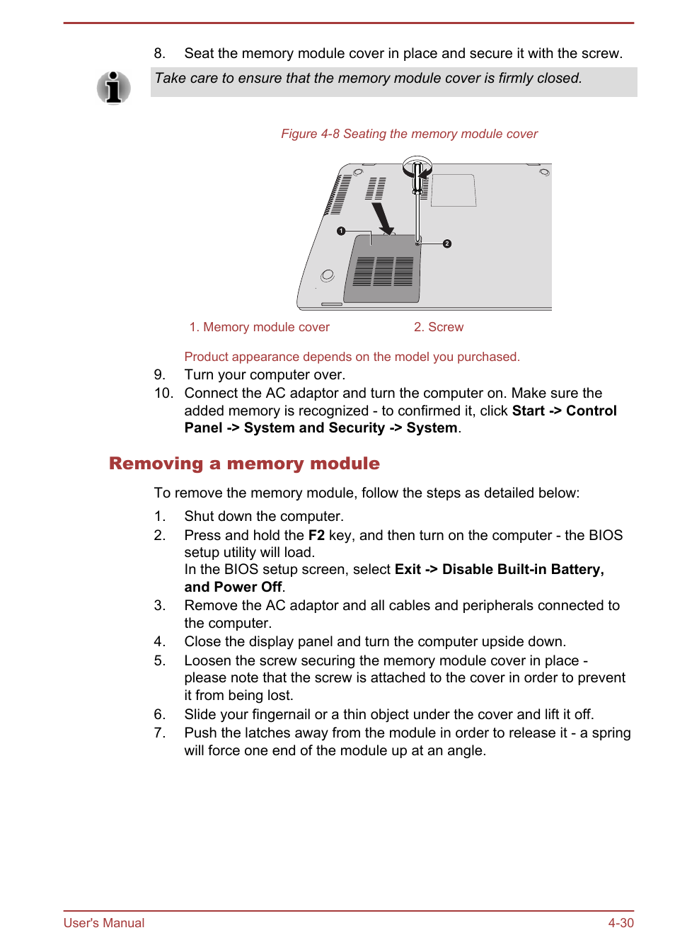 Removing a memory module | Toshiba Satellite S50-A User Manual | Page 74 / 138