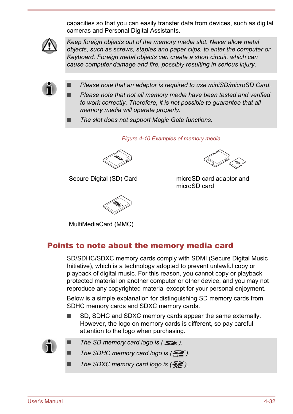 Points to note about the memory media card | Toshiba Satellite S50-A User Manual | Page 76 / 138