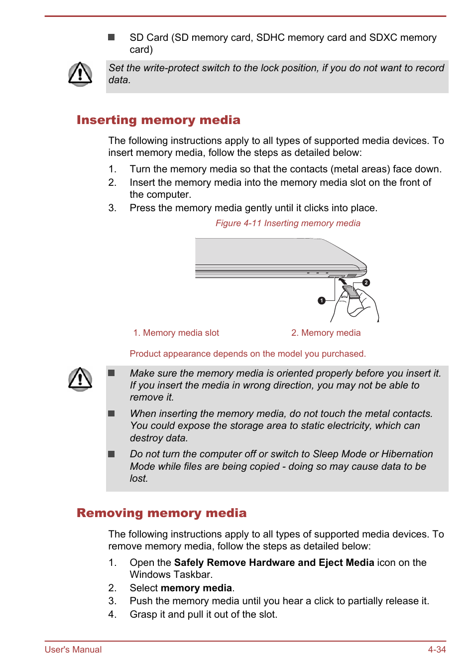 Inserting memory media, Removing memory media | Toshiba Satellite S50-A User Manual | Page 78 / 138