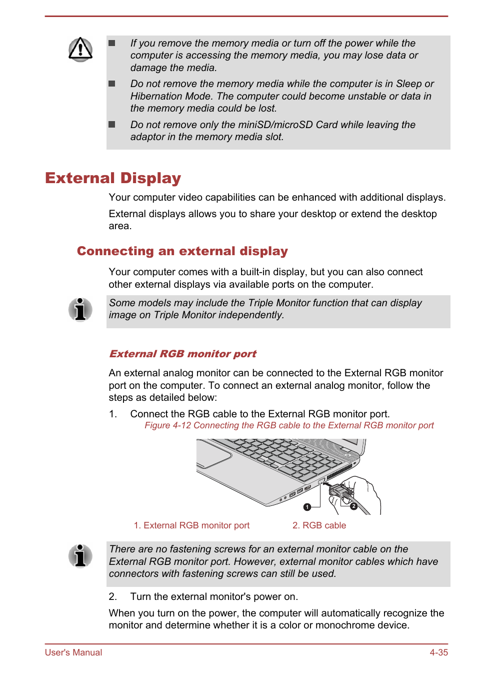 External display, Connecting an external display, External display -35 | Toshiba Satellite S50-A User Manual | Page 79 / 138