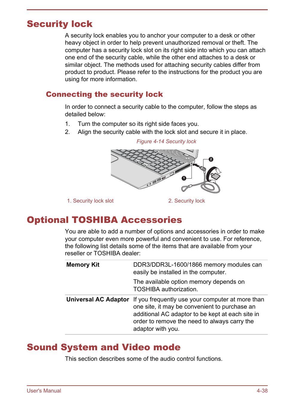 Security lock, Connecting the security lock, Optional toshiba accessories | Sound system and video mode, To the | Toshiba Satellite S50-A User Manual | Page 82 / 138