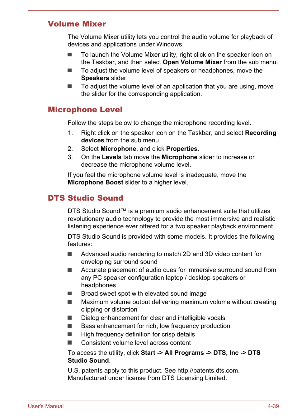 Volume mixer, Microphone level, Dts studio sound | Toshiba Satellite S50-A User Manual | Page 83 / 138