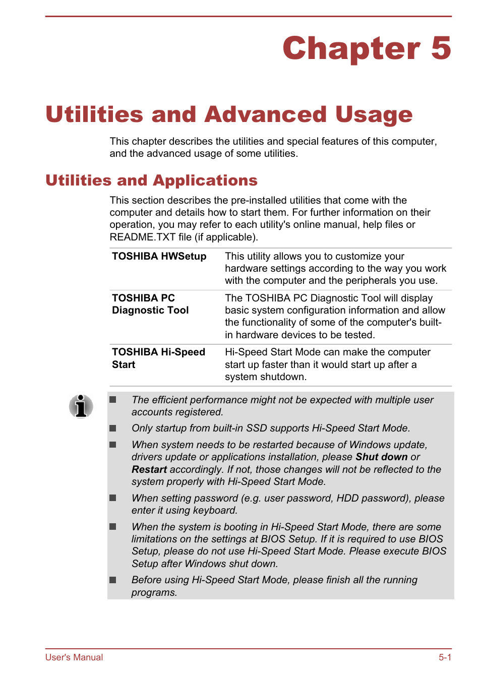 Chapter 5 utilities and advanced usage, Utilities and applications, Chapter 5 | Utilities and advanced usage, Utilities and applications -1 | Toshiba Satellite S50-A User Manual | Page 85 / 138