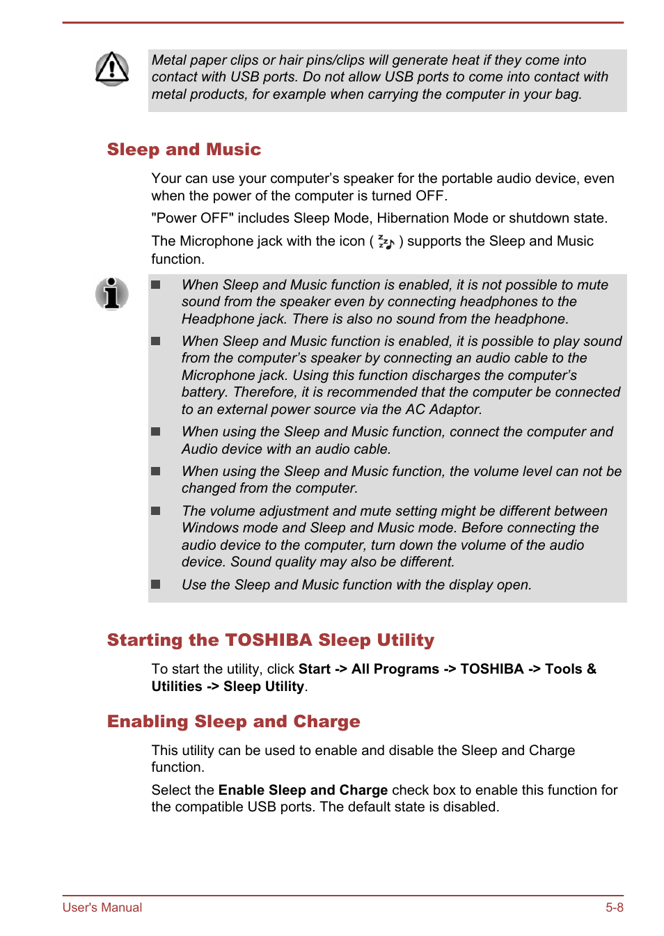 Sleep and music, Starting the toshiba sleep utility, Enabling sleep and charge | Toshiba Satellite S50-A User Manual | Page 92 / 138