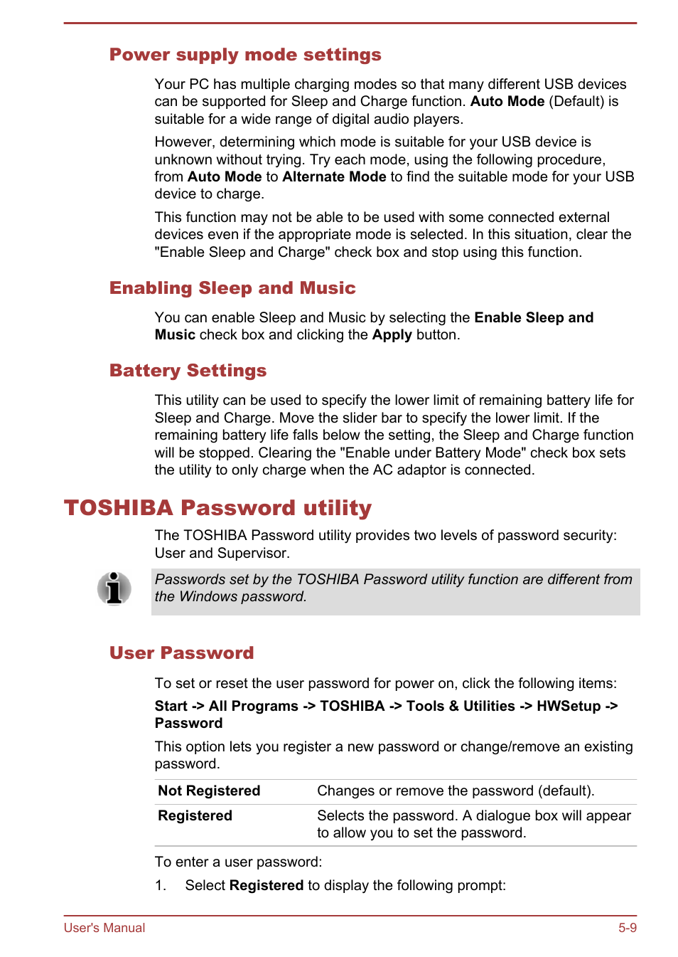 Power supply mode settings, Enabling sleep and music, Battery settings | Toshiba password utility, User password, Toshiba password utility -9 | Toshiba Satellite S50-A User Manual | Page 93 / 138