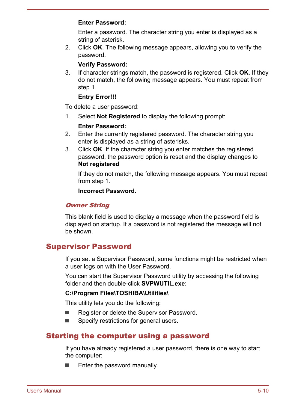 Supervisor password, Starting the computer using a password | Toshiba Satellite S50-A User Manual | Page 94 / 138