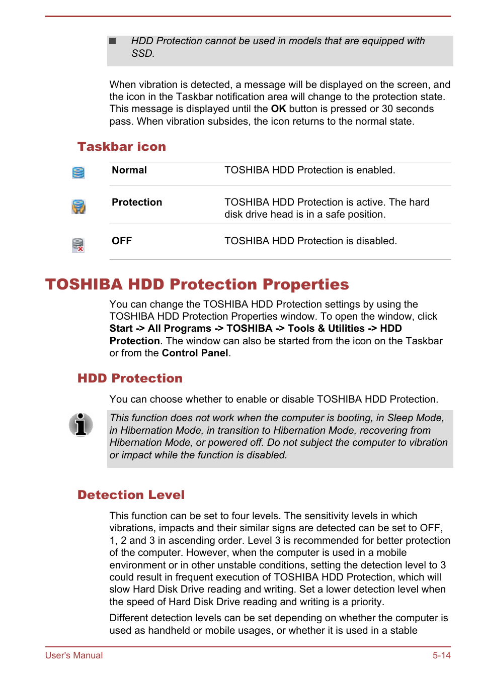 Taskbar icon, Toshiba hdd protection properties, Hdd protection | Detection level, Toshiba hdd protection properties -14 | Toshiba Satellite S50-A User Manual | Page 98 / 138
