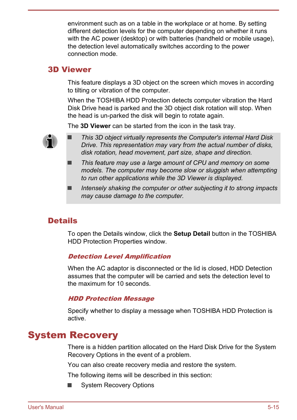 3d viewer, Details, System recovery | System recovery -15 | Toshiba Satellite S50-A User Manual | Page 99 / 138
