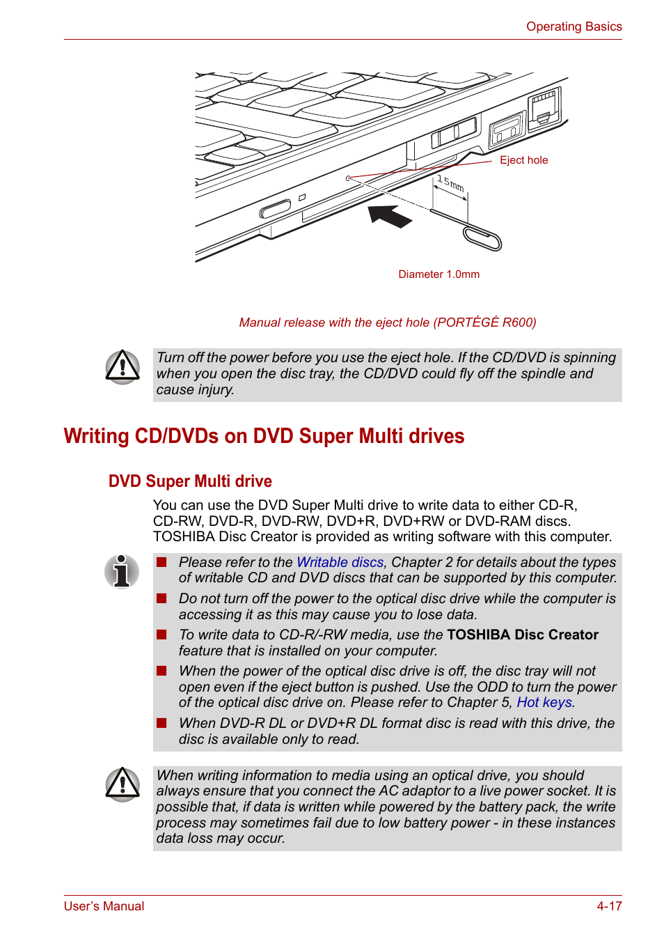 Writing cd/dvds on dvd super multi drives, Writing cd/dvds on dvd super multi drives -17, Writing cd/dvds on | Dvd super multi drives, Section, Dvd super multi drive | Toshiba Portege A600 User Manual | Page 100 / 219