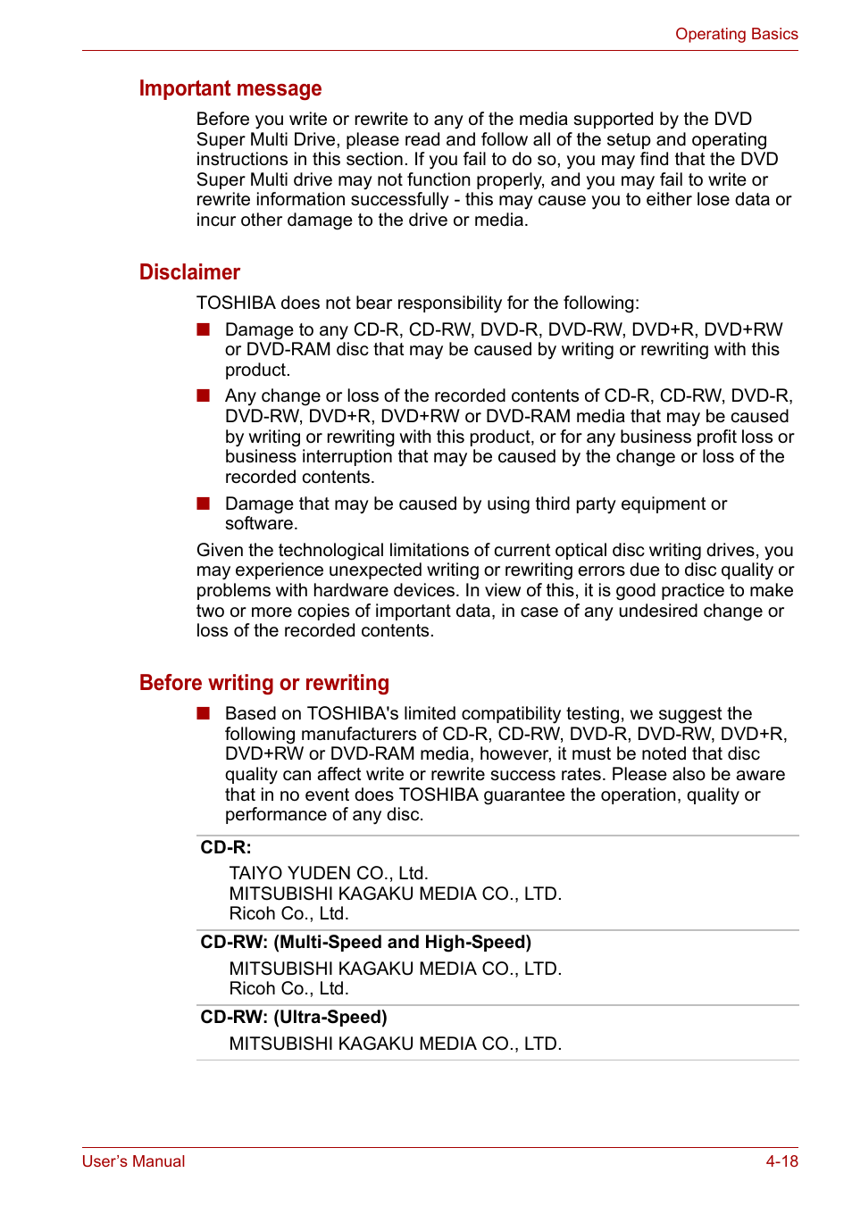 Important message, Disclaimer, Before writing or rewriting | Toshiba Portege A600 User Manual | Page 101 / 219