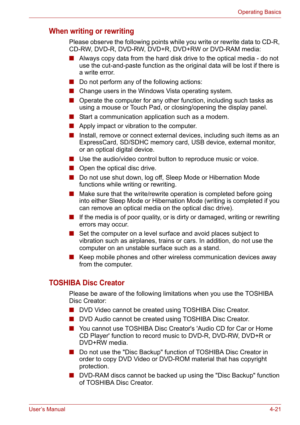 When writing or rewriting, Toshiba disc creator | Toshiba Portege A600 User Manual | Page 104 / 219