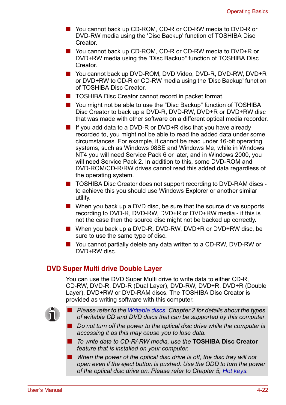 Dvd super multi drive double layer | Toshiba Portege A600 User Manual | Page 105 / 219