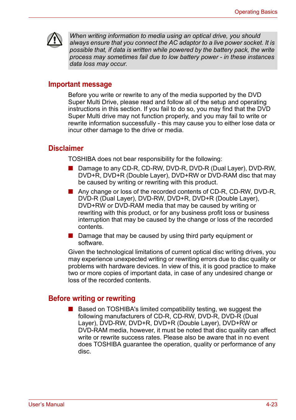 Important message, Disclaimer, Before writing or rewriting | Toshiba Portege A600 User Manual | Page 106 / 219