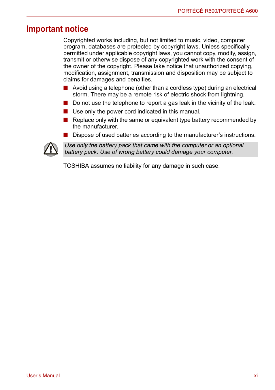 Important notice | Toshiba Portege A600 User Manual | Page 11 / 219