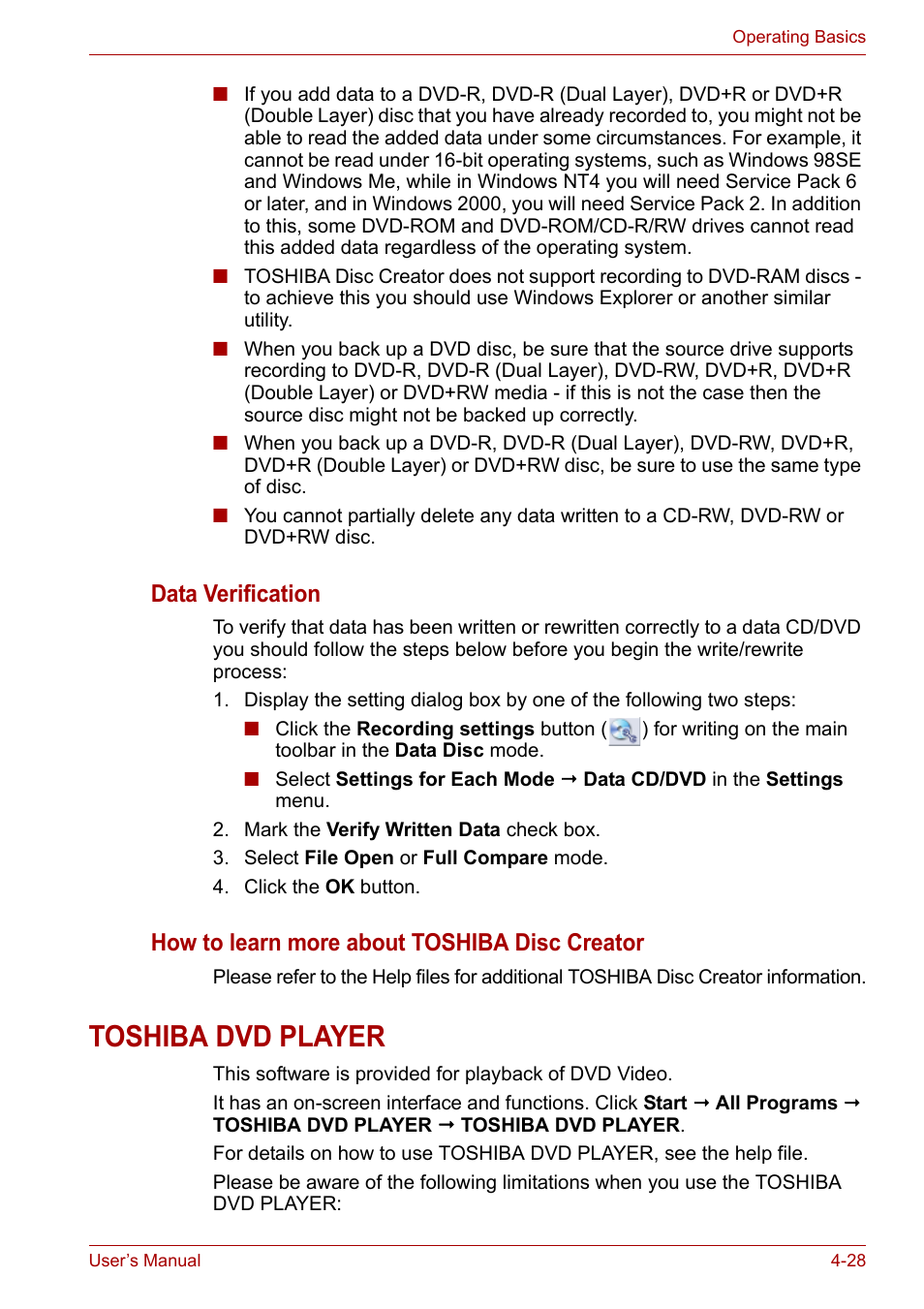 Toshiba dvd player, Toshiba dvd player -28, Section in | Data verification, How to learn more about toshiba disc creator | Toshiba Portege A600 User Manual | Page 111 / 219