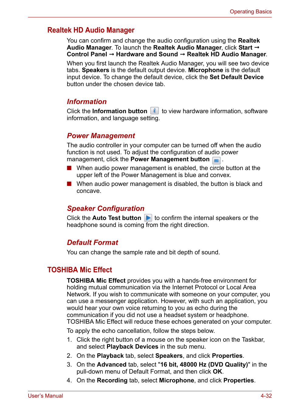 Realtek hd audio manager, Toshiba mic effect | Toshiba Portege A600 User Manual | Page 115 / 219