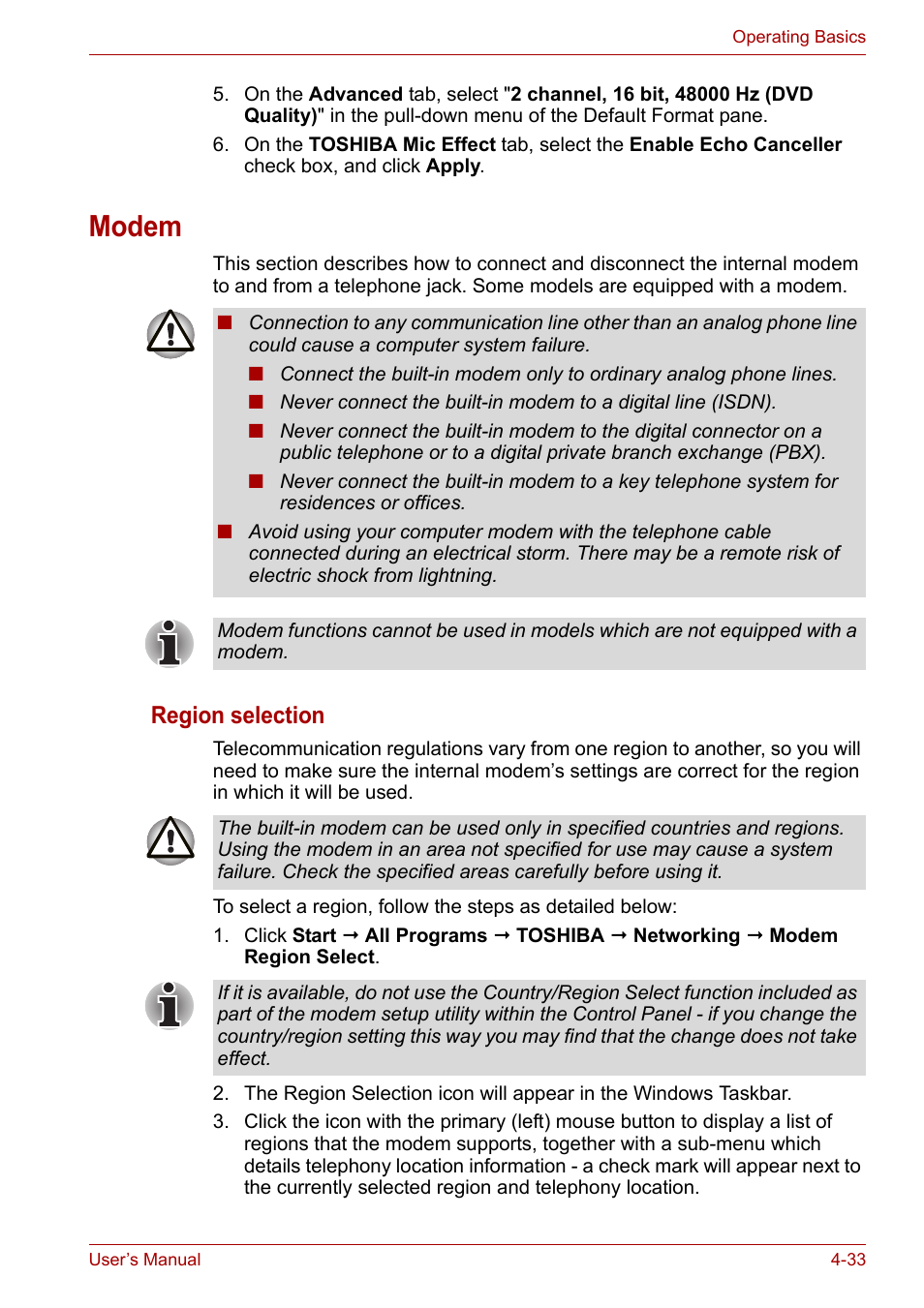 Modem, Modem -33, Region selection | Toshiba Portege A600 User Manual | Page 116 / 219