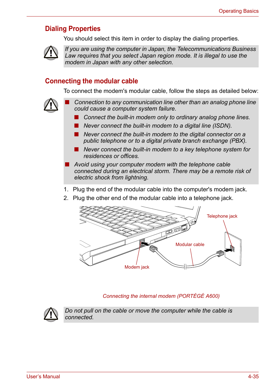 Dialing properties, Connecting the modular cable | Toshiba Portege A600 User Manual | Page 118 / 219