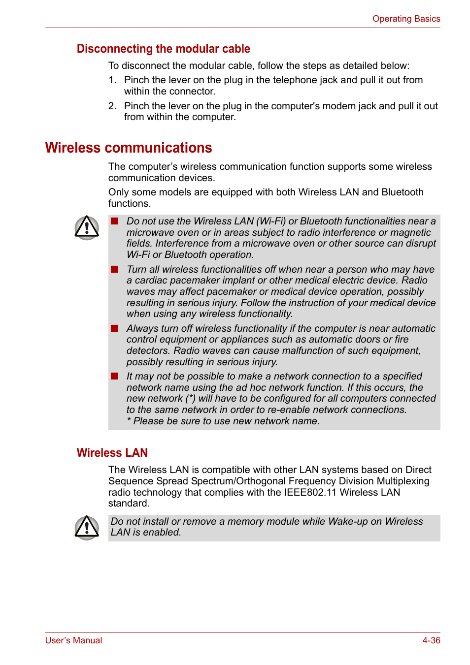 Wireless communications, Wireless communications -36, Disconnecting the modular cable | Wireless lan | Toshiba Portege A600 User Manual | Page 119 / 219