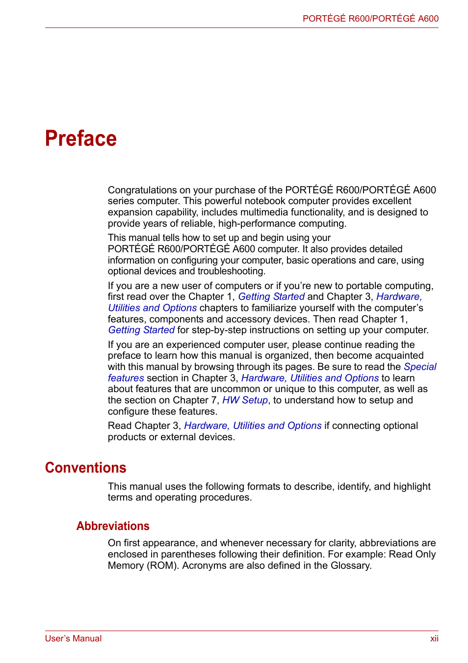 Preface, Conventions | Toshiba Portege A600 User Manual | Page 12 / 219
