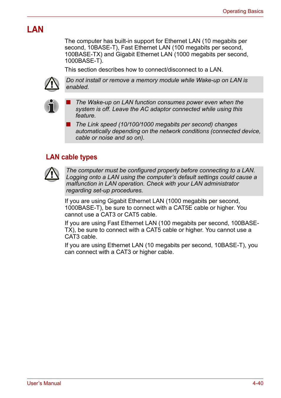 Lan -40, Lan cable types | Toshiba Portege A600 User Manual | Page 123 / 219
