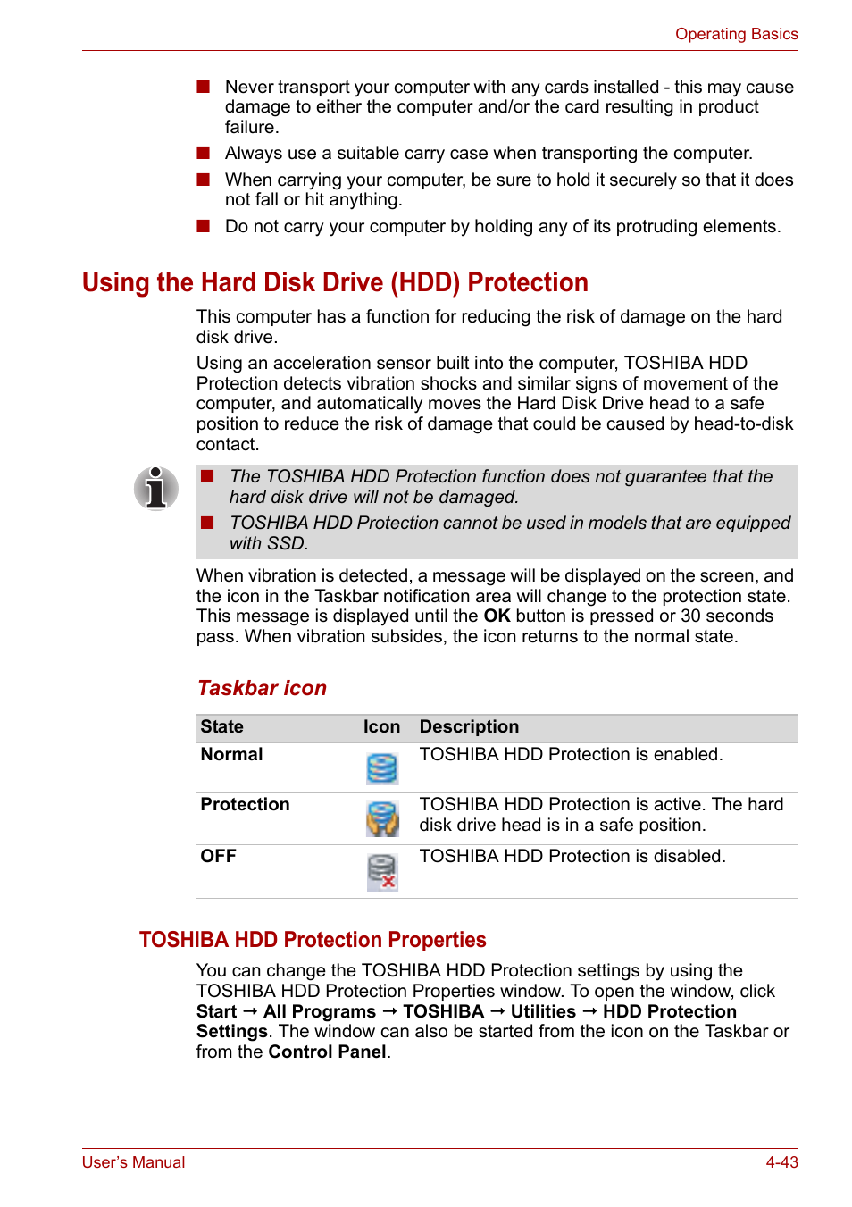 Using the hard disk drive (hdd) protection, Using the hard disk drive (hdd) protection -43, Using the | Hard disk drive (hdd) protection, Section, Toshiba hdd protection properties | Toshiba Portege A600 User Manual | Page 126 / 219