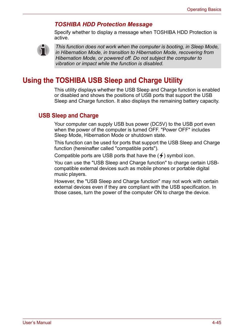 Using the toshiba usb sleep and charge utility, Using the toshiba usb sleep and charge utility -45, Using the toshiba usb sleep and | Charge utility, Usb sleep and charge | Toshiba Portege A600 User Manual | Page 128 / 219