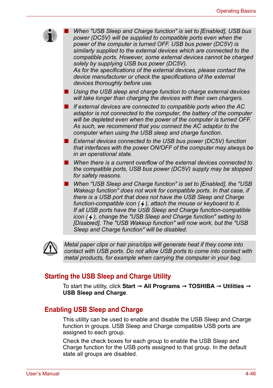 Starting the usb sleep and charge utility, Enabling usb sleep and charge | Toshiba Portege A600 User Manual | Page 129 / 219