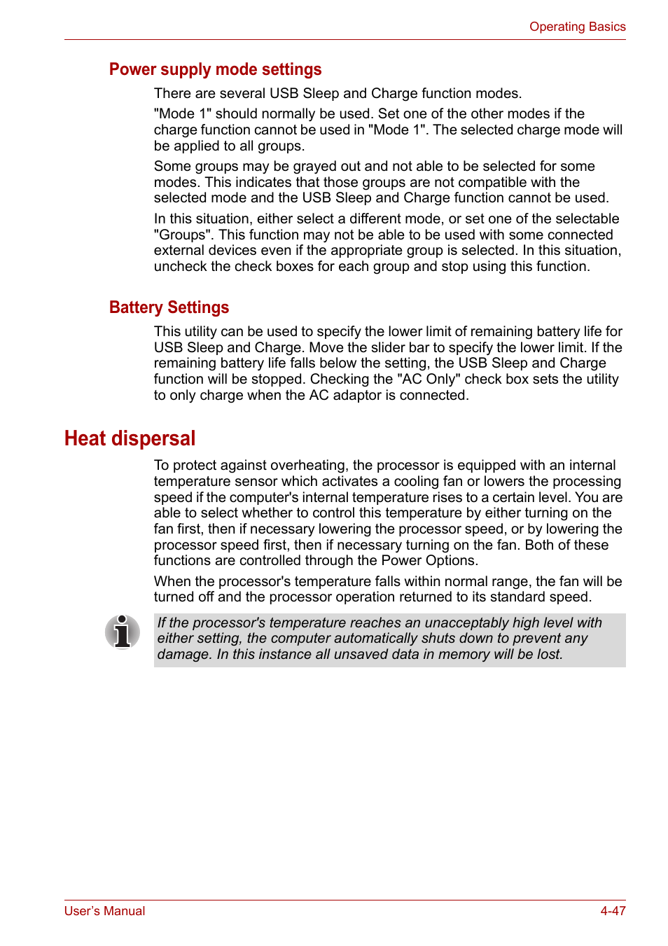 Heat dispersal, Heat dispersal -47, Power supply mode settings | Battery settings | Toshiba Portege A600 User Manual | Page 130 / 219