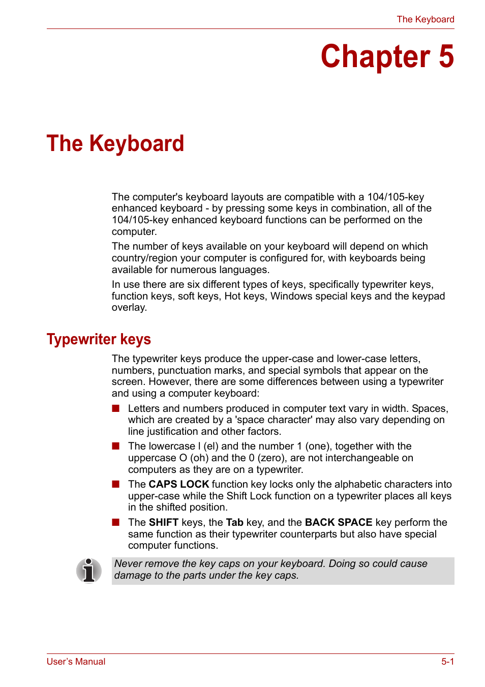 Chapter 5: the keyboard, Typewriter keys, Chapter 5 | The keyboard, Typewriter keys -1, Apter 5, Keyboard | Toshiba Portege A600 User Manual | Page 131 / 219