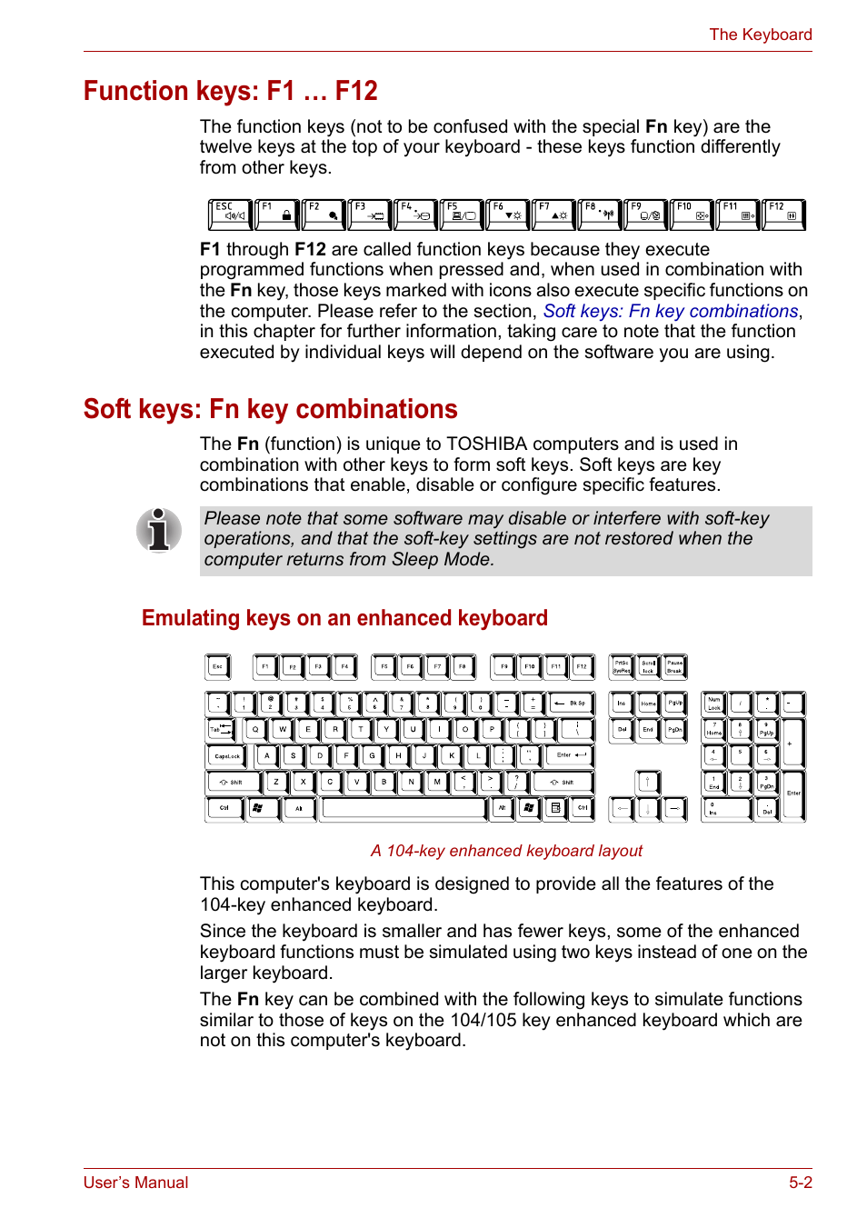 Function keys: f1 … f12, Soft keys: fn key combinations, Emulating keys on an enhanced keyboard | Toshiba Portege A600 User Manual | Page 132 / 219