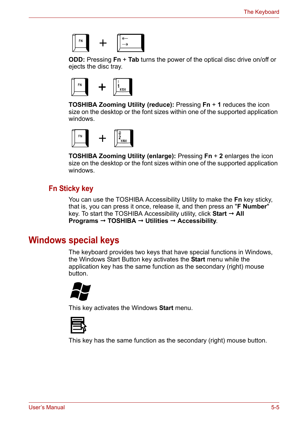 Windows special keys, Windows special keys -5, Fn sticky key | Toshiba Portege A600 User Manual | Page 135 / 219