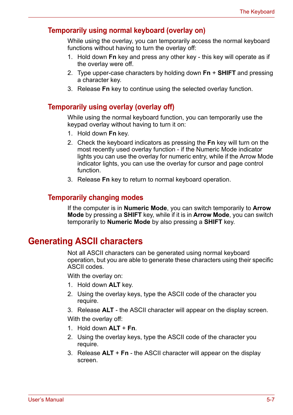Generating ascii characters, Generating ascii characters -7, Temporarily using normal keyboard (overlay on) | Temporarily using overlay (overlay off), Temporarily changing modes | Toshiba Portege A600 User Manual | Page 137 / 219