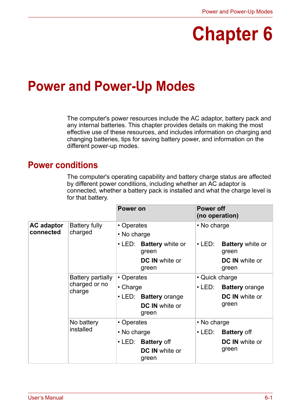 Chapter 6: power and power-up modes, Power conditions, Chapter 6 | Power and power-up modes, Power conditions -1, Power, And power-up modes, Power and power, Up modes, If re | Toshiba Portege A600 User Manual | Page 138 / 219