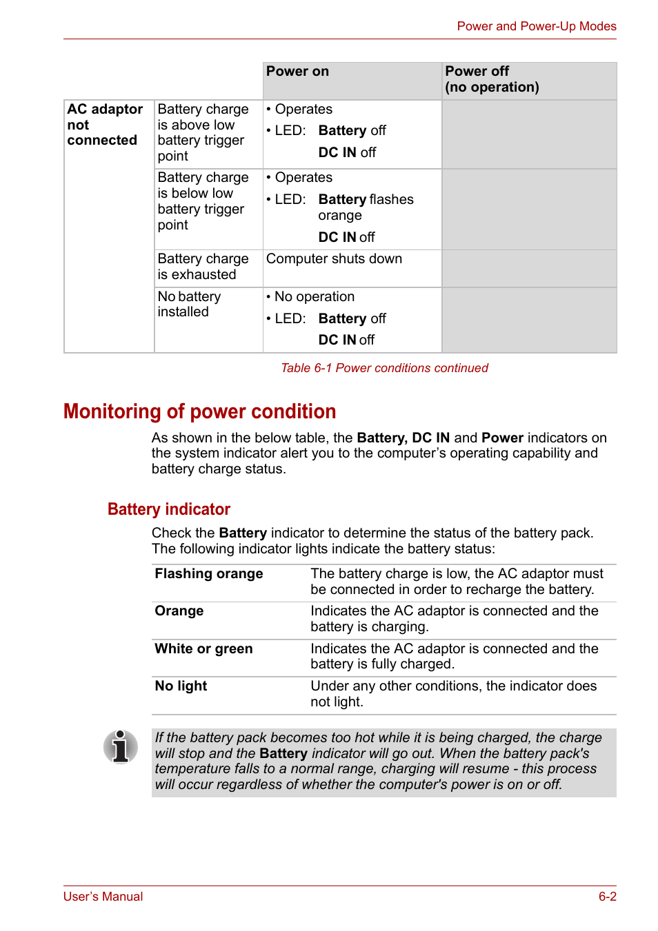 Monitoring of power condition, Monitoring of power condition -2, Battery indicator | Toshiba Portege A600 User Manual | Page 139 / 219