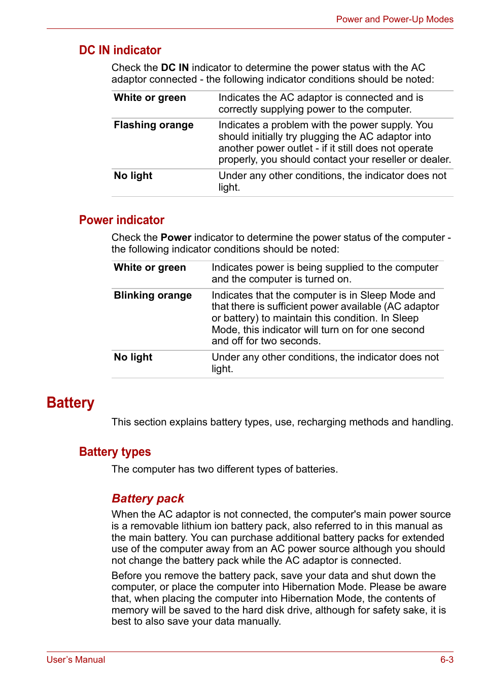 Battery, Battery -3, Dc in indicator | Power indicator, Battery types | Toshiba Portege A600 User Manual | Page 140 / 219