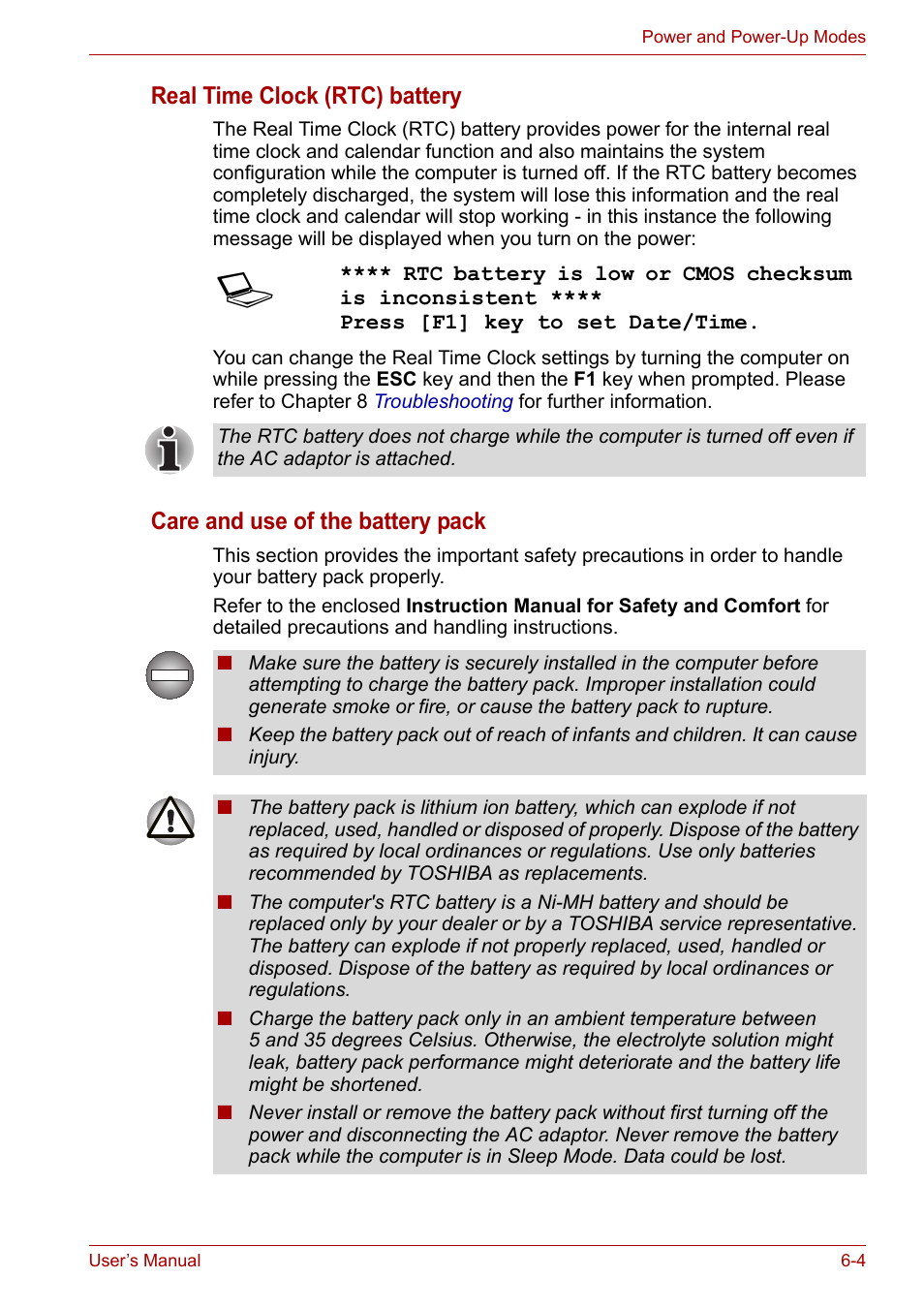 Real time clock (rtc) battery, Care and use of the battery pack | Toshiba Portege A600 User Manual | Page 141 / 219