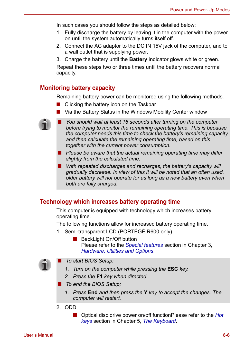Monitoring battery capacity, Technology which increases battery operating time | Toshiba Portege A600 User Manual | Page 143 / 219