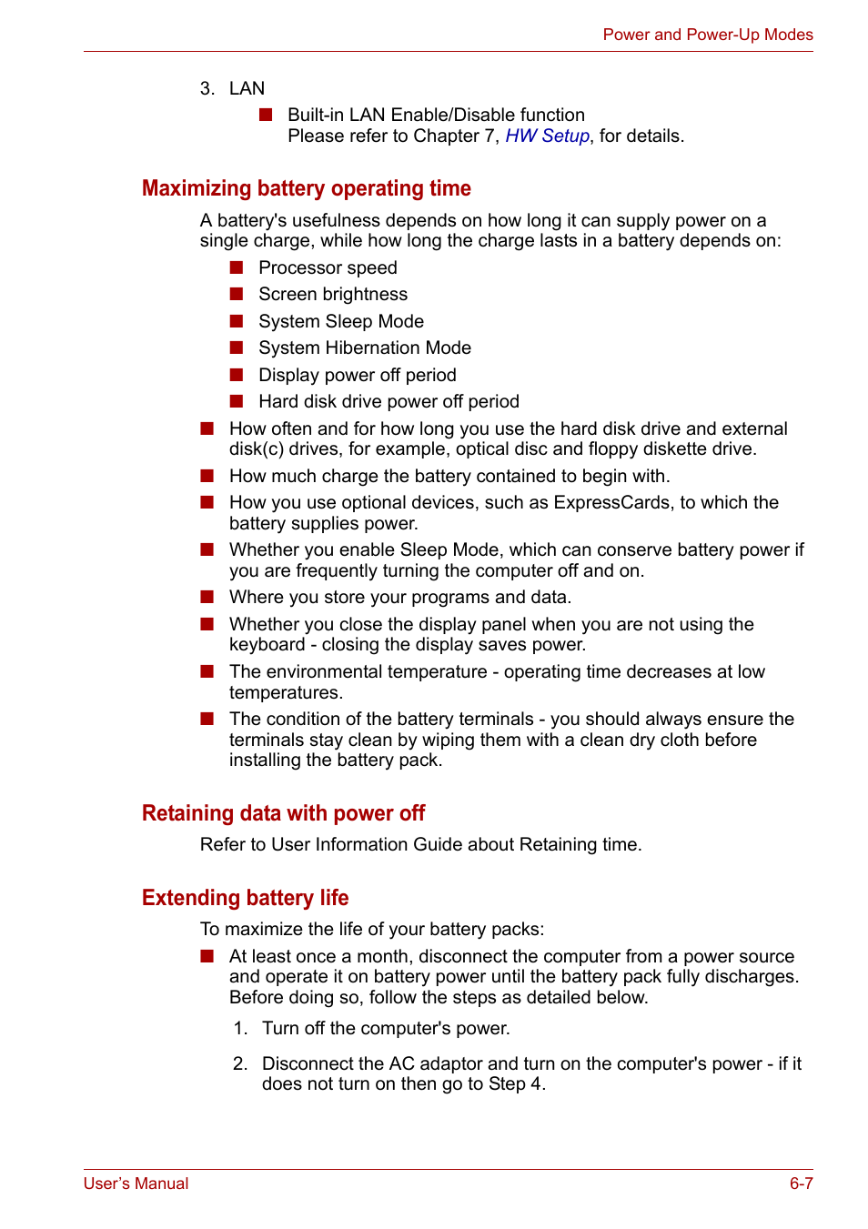 Maximizing battery operating time, Retaining data with power off, Extending battery life | Toshiba Portege A600 User Manual | Page 144 / 219